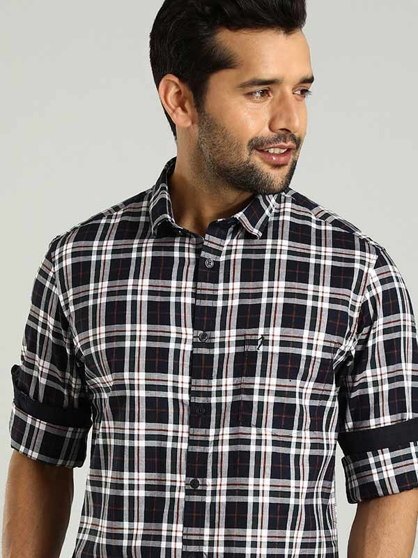Indian Terrain Men's Regular Fit Full Sleeve Checkered Navy Shirt